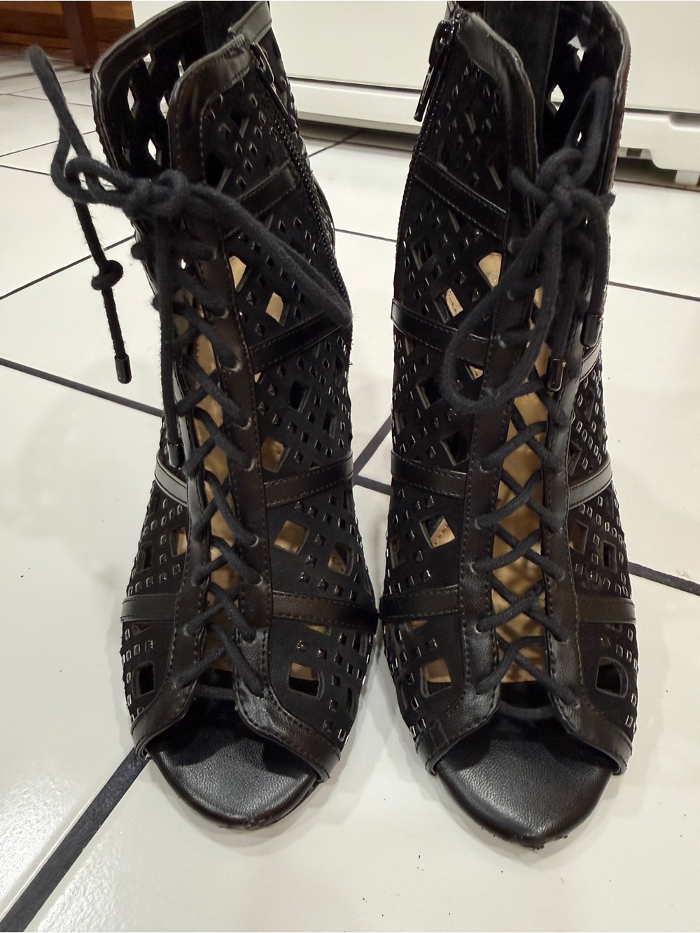 Gianni Bini 9.5 Black Studded Laser Cut Lace Up Peep Toe Stiletto Booties